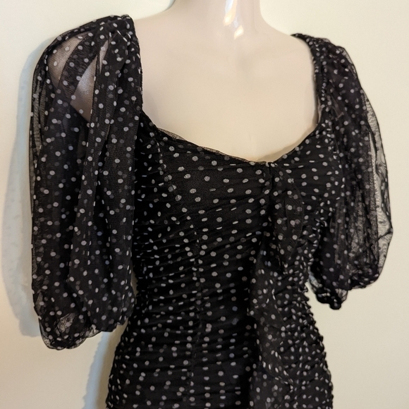 Zara polka dot mesh shirred mini dress puff sleeves black white xs - Picture 8 of 16